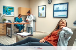 In a medical office, a female doctor is lying on her back on a couch while another doctor stands at the desk. The woman doctor appears relaxed and smiles towards the camera as she adjusts the pillow under her head. In the background, there's a clock on the wall and framed pictures or certificates, indicating this is a professional environment.