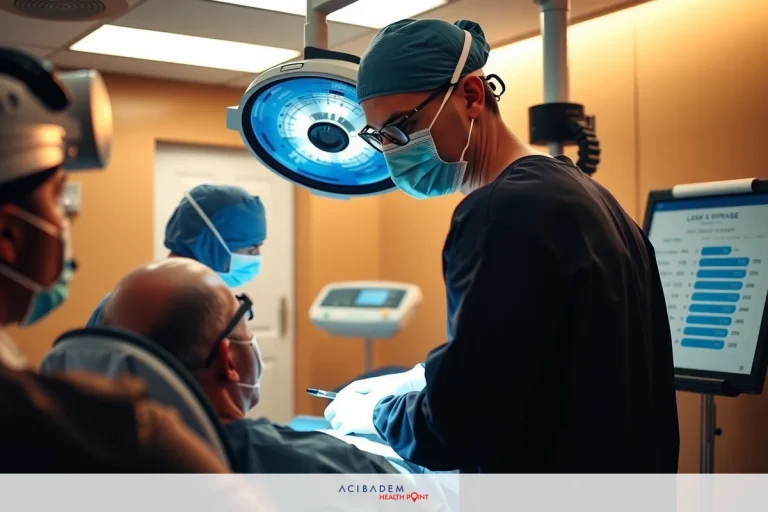 How Much Is LASIK Eye Surgery in Louisville KY The image shows a medical operating room. A surgeon is conducting an operation on a patient, who is lying on the operating table. There are other medical personnel present, assisting in the surgery. The room is equipped with medical monitors and devices.