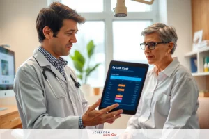 A medical professional, possibly a doctor or nurse, shows an elderly woman a tablet with patient information. The doctor is wearing a white lab coat and the setting is clinical.