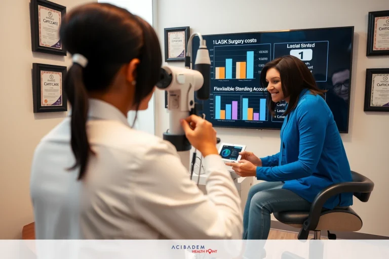How Much Is LASIK Eye Surgery St Louis The image depicts an optometrist conducting an eye examination. There is a patient sitting with her head leaning forward, looking towards the camera. An optometrist stands next to them, holding a device that appears to be an ophthalmoscope or retinoscope for examining the eyes. The environment suggests a professional office setting with modern furnishings and framed certificates adorning the wall behind.