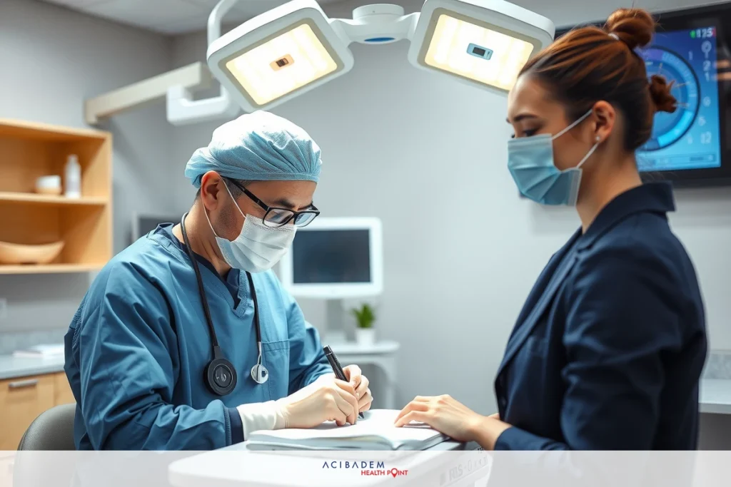 The image depicts a medical professional, possibly a surgeon, wearing full sterilized attire including scrubs and face mask. The professional is seated at a desk in an operating room setting with various pieces of medical equipment. Both individuals are engaged in conversation that suggests a pre-operative consultation.