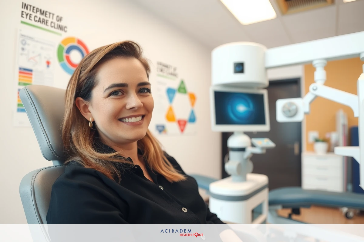 A young woman smiling in an eye exam room, seated comfortably on a chair with her head resting on the adjustable frame. She is looking towards the camera and appears relaxed during the eye test. The environment includes medical equipment and various informational posters.