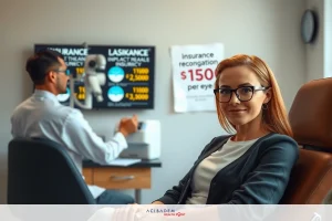 In the image, there is a professional setting with two individuals. One person is seated in what appears to be an optometry chair, and the other person stands behind them, possibly providing service. The environment suggests a clinical or healthcare-related context.