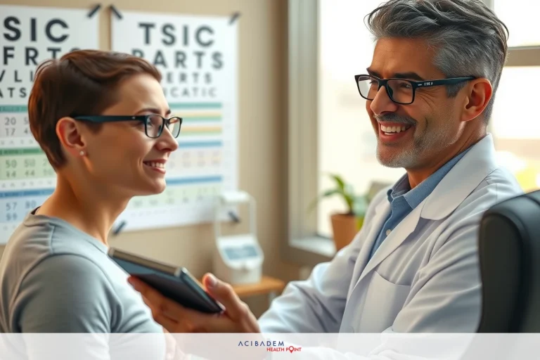 In the image, a man wearing glasses and a white lab coat is engaged in conversation with a woman who is holding a clipboard. They are standing in an indoor office setting with visible elements. The color palette of the scene includes the traditional colors found in medical or professional environments.