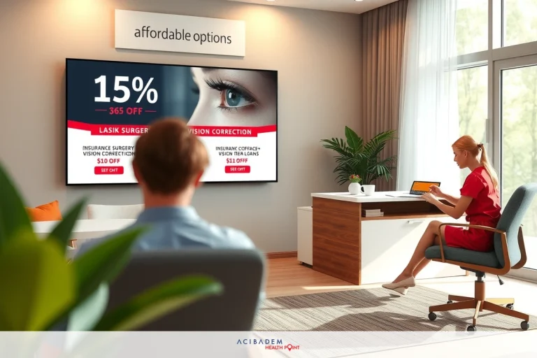 How LASIK Eye Surgery Get Cheaper The image shows an office setting with a TV mounted on the wall. The screen displays a graphic indicating that there is a 15% discount on eye care products. In the foreground, there are two individuals seated at a table in front of the television. Both appear to be engrossed in their work on laptops.