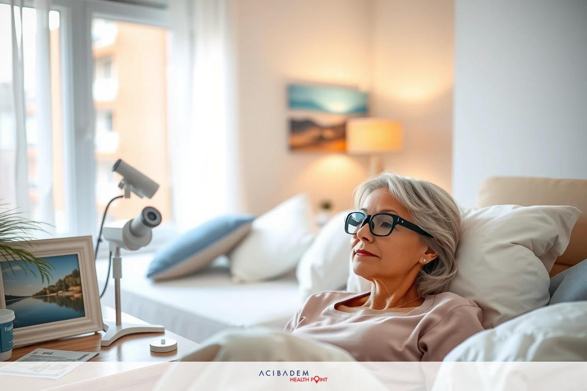 An elderly woman is lying in a comfortable bed. The room has an inviting atmosphere with soft lighting and the presence of a potted plant nearby.