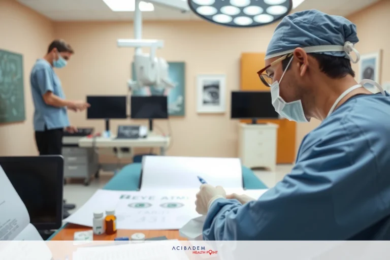 This is a photograph taken inside an operating room. A surgeon dressed in scrubs and wearing a surgical mask is seated at the desk, writing on a piece of paper. There are various medical equipment and instruments visible around him, including monitors, surgical lamps, and laptops. The environment suggests a sterile and clinical setting typical for a medical procedure.
