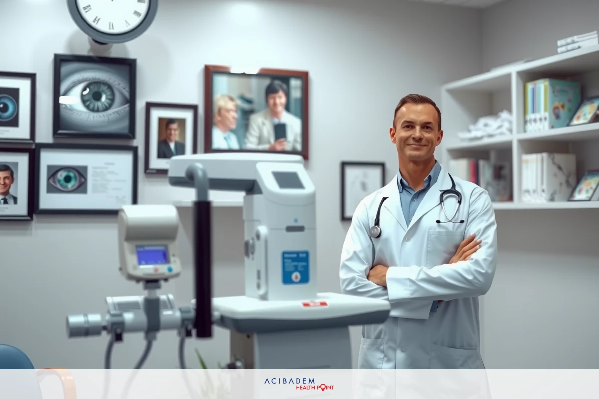A man in a white lab coat stands in an office with medical equipment, likely an ophthalmologist or optometrist. The environment suggests an eye care clinic with framed photos on the wall.