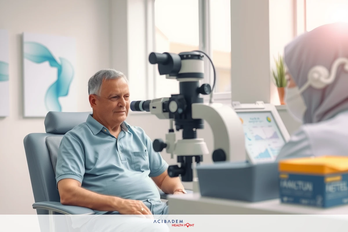 In the image, a male patient is seated in an eye examination room. He appears to be at ease as he waits for his vision examination to commence. The professional setting includes an ophthalmic table and equipment used for performing visual tests.