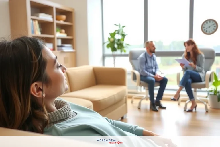 In a modern living room, a woman relaxes on a beige couch with a neutral gray floor and bookshelves in the background. She is dressed in casual attire. A man and a woman converse next to each other near a window that overlooks an outdoor area.