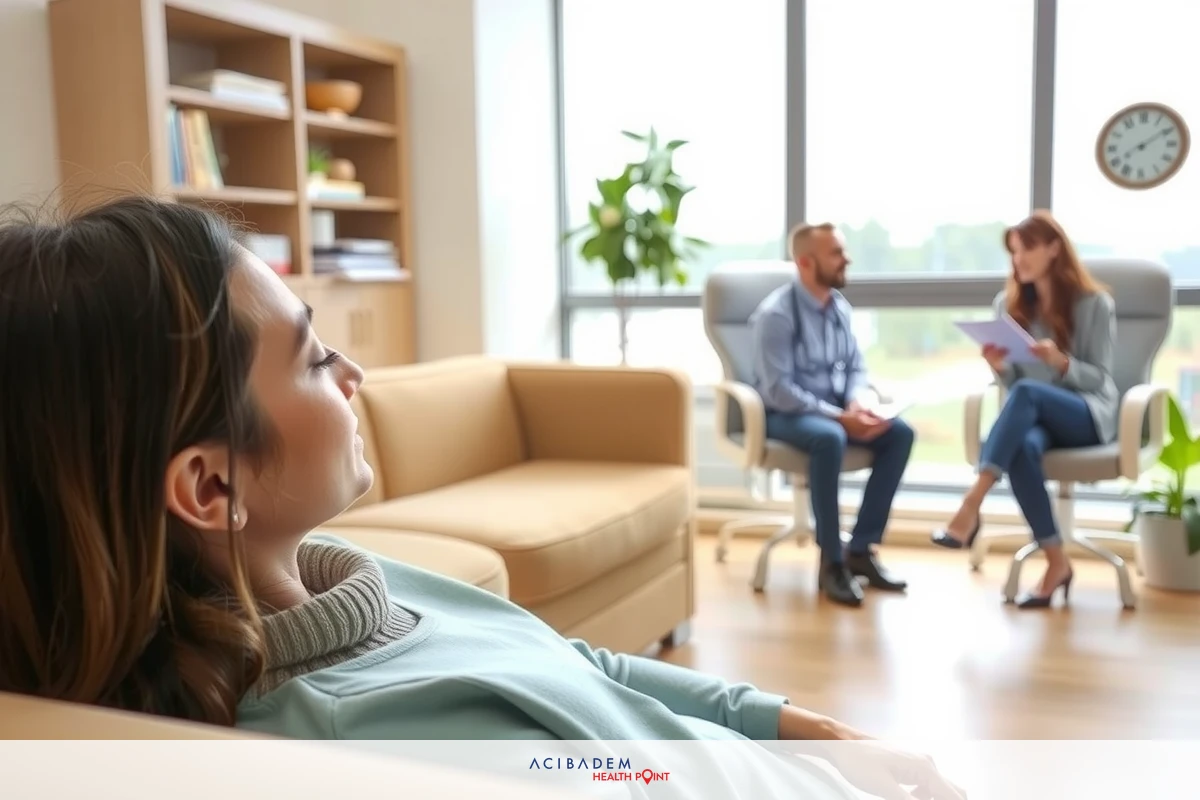 In a modern living room, a woman relaxes on a beige couch with a neutral gray floor and bookshelves in the background. She is dressed in casual attire. A man and a woman converse next to each other near a window that overlooks an outdoor area.