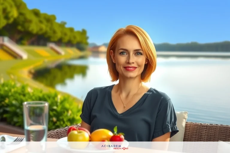 A woman is sitting outside at a dining table by a lake. She's wearing a black top and has short blonde hair. The table has fruit on it, suggesting she might be enjoying a picnic or a casual outdoor meal.