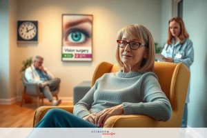 A woman seated in a yellow armchair in an office setting, possibly waiting for an appointment. She is dressed casually and appears relaxed. Another person stands to the side, possibly an assistant.