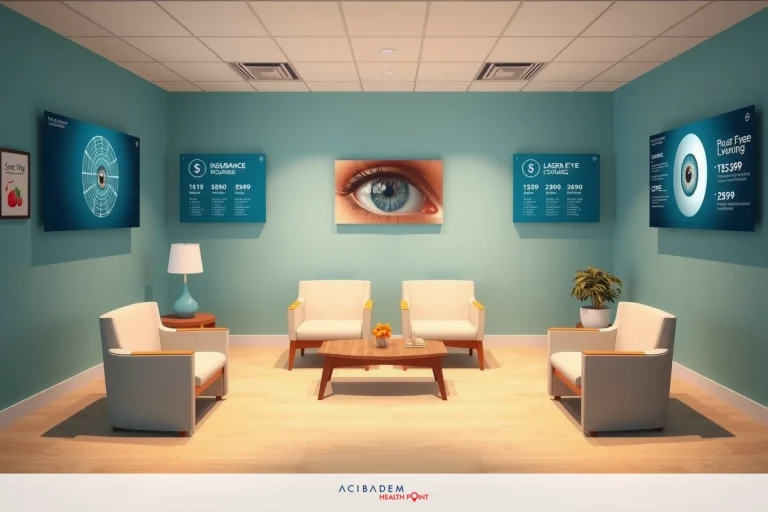 The image shows a modern meeting room with blue walls and white furniture. The room is equipped with multiple large-screen monitors displaying various digital content. A large, prominent eye image on the wall behind the chairs adds an artistic touch to the space.