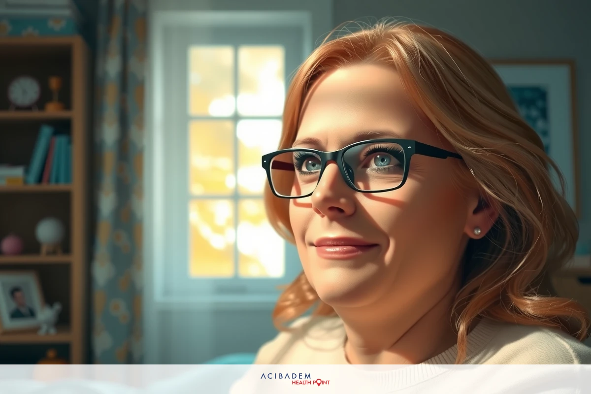 A woman wearing glasses and a sweater, looking to the side with an expression of concern or sadness. She is seated on a couch in a cozy room during daylight.