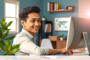 Smiling man at desk with laptop and monitor, surrounded by office decor including books, plants, and globe. The setting suggests a modern workspace.