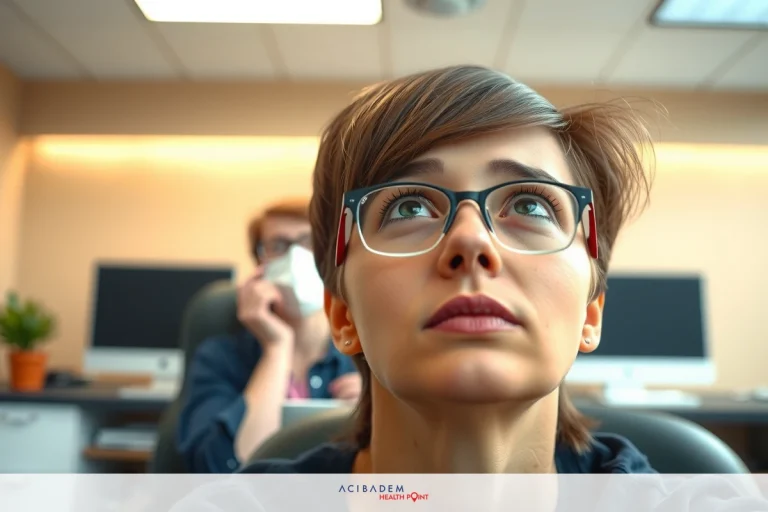 Can Laser Eye Surgery Cause Floaters? The image features a person with glasses looking to the side, seemingly in thought. The environment appears to be an office, with another person partially visible in the background.