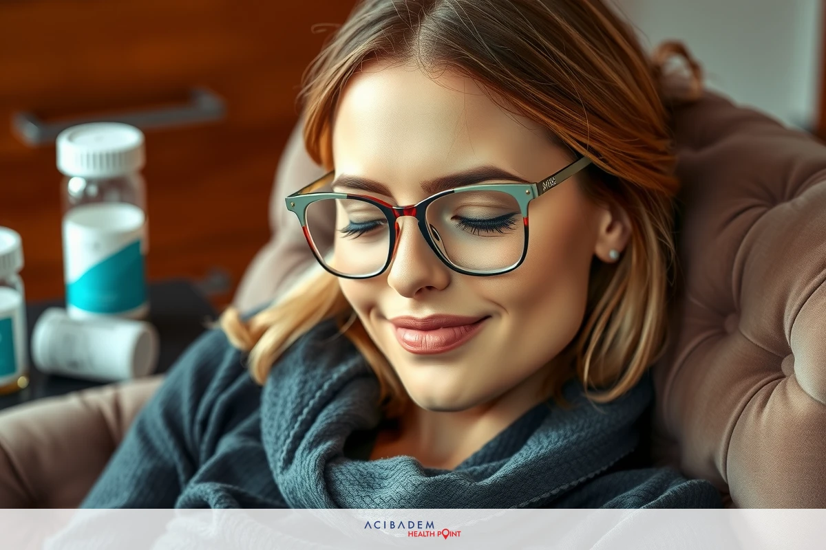 A woman in glasses lounging on a couch with her eyes closed, appearing relaxed and comfortable. The setting suggests a cozy indoor space, possibly a living room or bedroom.