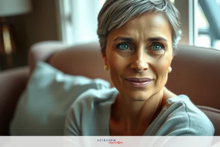 A woman with short gray hair is seated on a couch. She's wearing a light-colored top and has a contemplative expression on her face. The room appears to be well lit, suggesting an indoor setting that might be a living room or similar space.