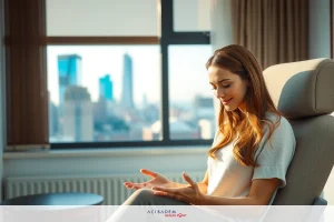 The image features a woman sitting in a relaxing chair, enjoying the view of a cityscape through a large window. She has a warm smile on her face. The interior design is modern with soft lighting contributing to a serene atmosphere.