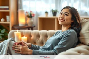 The image depicts a woman seated on a couch, wearing a comfortable grey outfit. She appears relaxed and is smiling, with her hands clasped in front of her. The room has a cozy ambiance with candlelight contributing to the warmth of the scene.