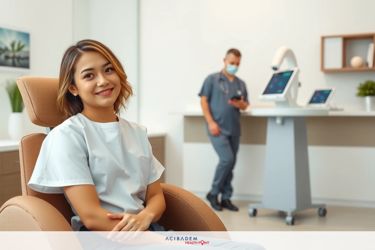 A woman seated in a dental chair with an open mouth, likely getting her teeth cleaned. She is wearing a white t-shirt and smiling towards the camera. Behind her stands a dental hygienist who seems to be assisting or observing the process.