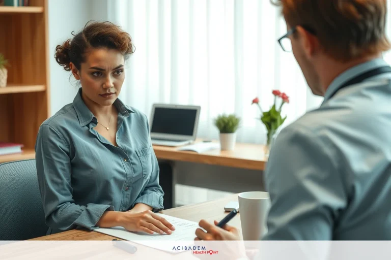 Two professionals in an office environment, engaged in a meeting or interview. One person is seated at the desk with a laptop and papers, while the other stands near a bookshelf, holding a pen.