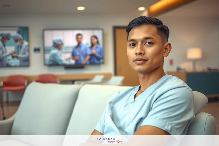 Can You Pay for Rhinoplasty in Payments? A young man dressed in scrubs, possibly a doctor or nurse, is seated in an office with modern furnishings. He appears relaxed and focused on the wall where a large TV screen displays medical images or diagrams.