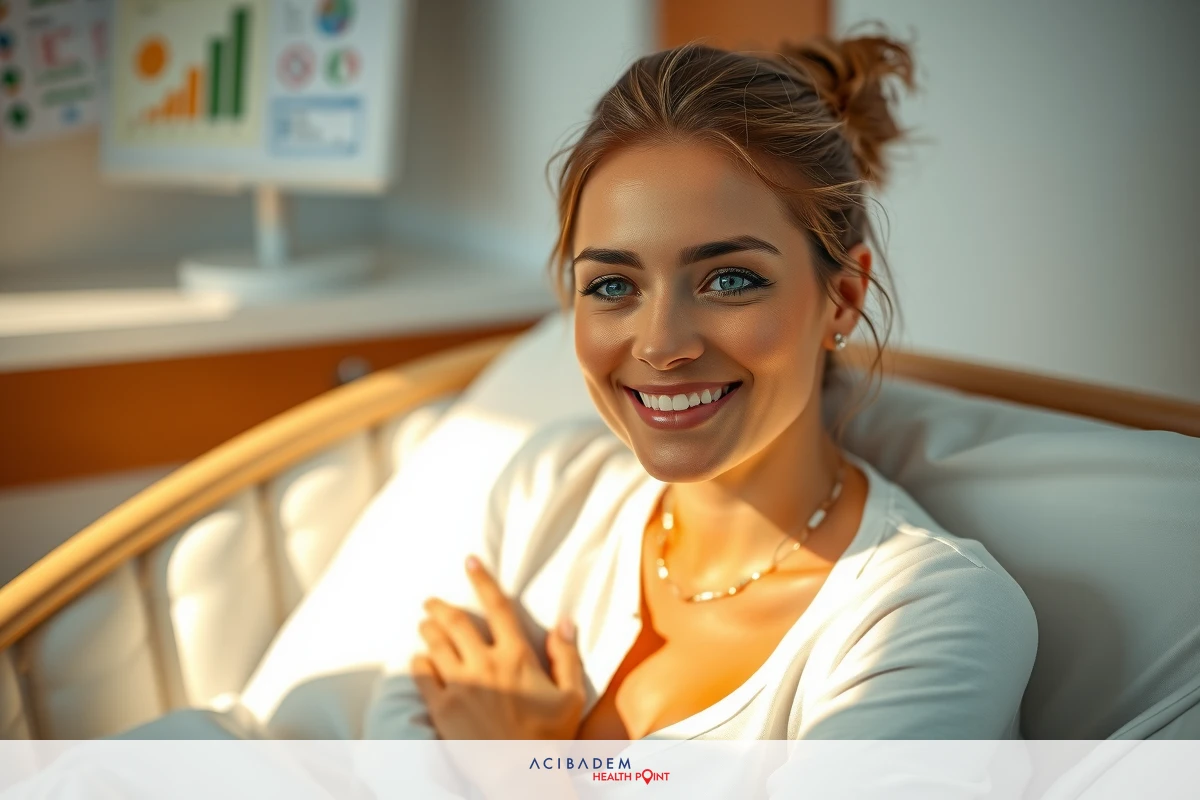 A woman is smiling and seated in a comfortable chair, possibly inside a clinic or medical setting. She appears relaxed and joyful, with the sun shining on her face.