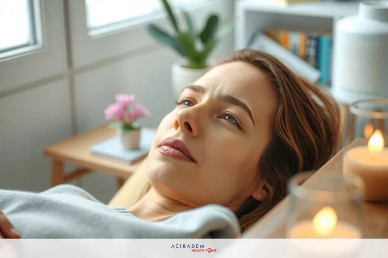 A woman laying down on a bed, eyes closed, appearing to relax or sleep in a cozy environment with soft lighting and candles. The room has a calming ambiance.