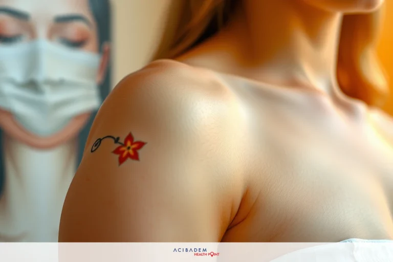 Can You Get a Tattoo After Rhinoplasty? Close-up image of a person with a flower tattoo. The tattoo features a vibrant red flower on the shoulder, set against the backdrop of a portrait of a woman in a white mask.