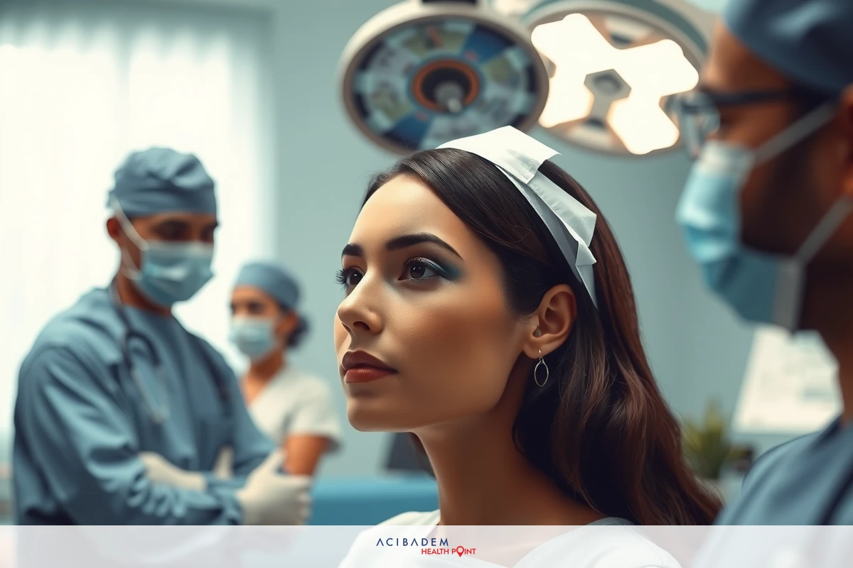 The image portrays a medical scene with healthcare professionals, including surgeons and nurses. The central figure is a woman patient being attended to by the professionals in a modern surgical setting.