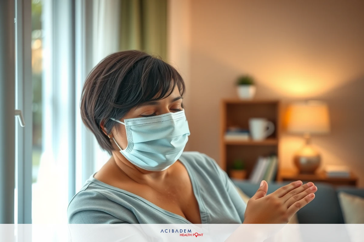 A woman in a medical mask is seated on a couch, clapping her hands together. She's dressed in a medical gown and appears to be applauding an unseen person or event.