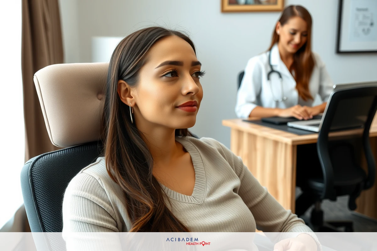 The image shows an interior office setting. There are two individuals present: one is sitting in a chair with her head resting on the back, and she appears to be listening or engaging in conversation with another person who is seated at a desk.