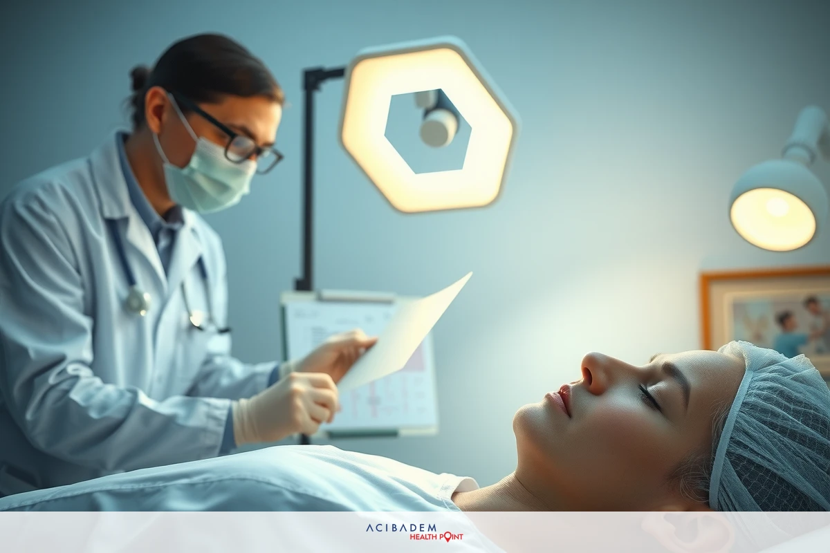 The image depicts a healthcare setting where an individual, possibly a patient or medical model, is lying on a hospital bed. A professional, likely a doctor or nurse, stands beside the bed, dressed in medical attire and wearing protective gloves.