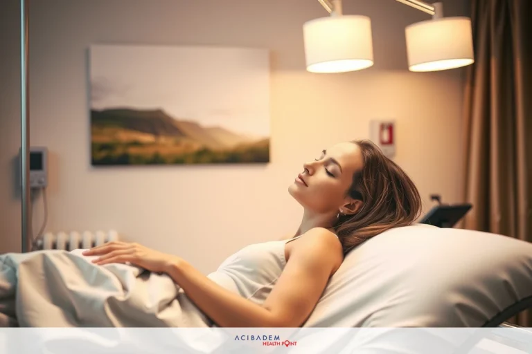 How Much Does Rhinoplasty Cost in Ireland The image shows a woman lying on a hospital bed in what appears to be an observation or monitoring room. She is dressed in a simple hospital gown and seems to be resting with her head slightly elevated.