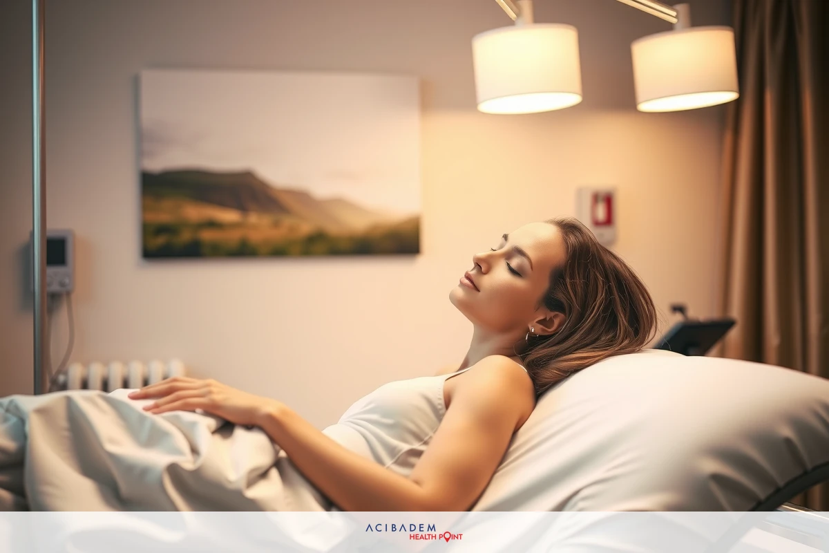 The image shows a woman lying on a hospital bed in what appears to be an observation or monitoring room. She is dressed in a simple hospital gown and seems to be resting with her head slightly elevated.