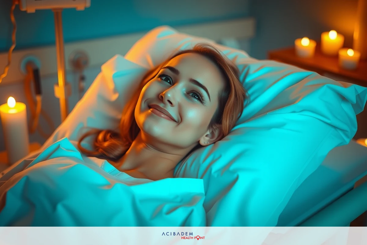 A woman smiling in a hospital bed, with candles around her. She is lying down on the bed, looking happy and relaxed.
