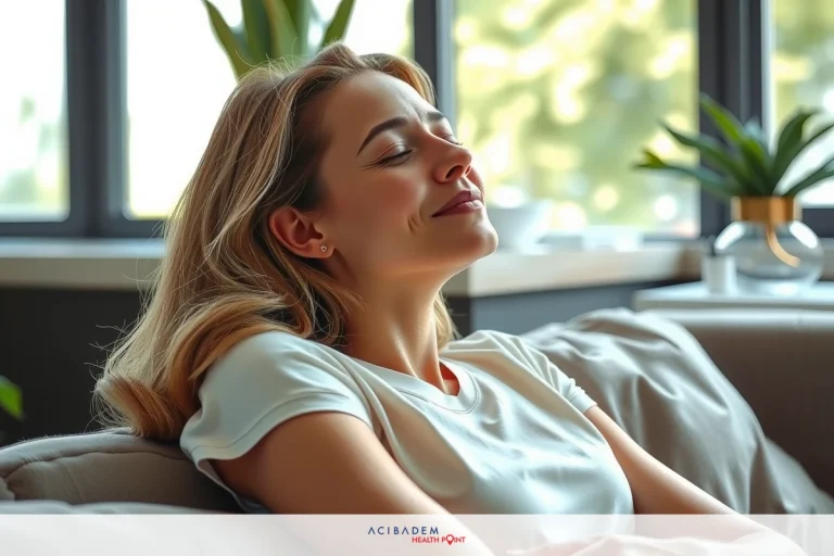 Does the Tip of the Nose Go Down After Rhinoplasty The image features a woman seated on a couch with her eyes closed, enjoying a moment of relaxation. The setting appears to be an indoor space, possibly a living room, given the natural light and furnishings visible in the background.