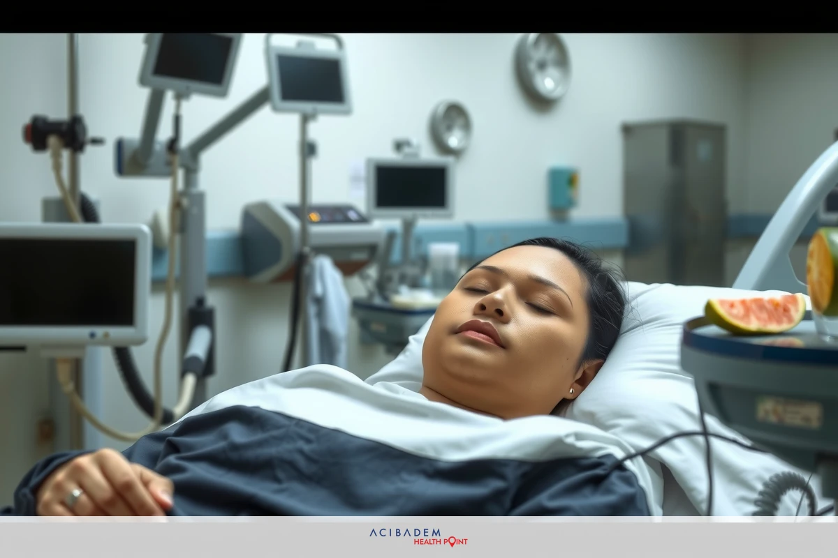 The image shows a woman lying in a hospital bed, with medical equipment around her. She appears to be connected to various machines, possibly for monitoring or treatment purposes.