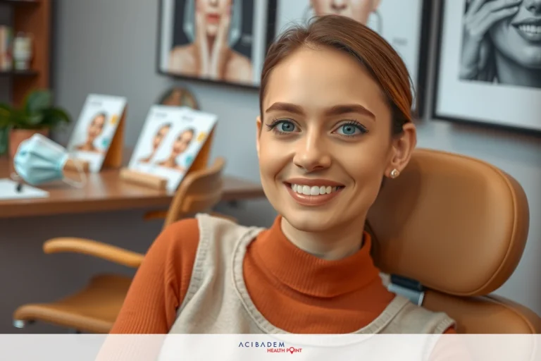 The image features a woman sitting in what appears to be a beauty or health clinic. She is smiling and appears to be comfortable, possibly receiving treatment.