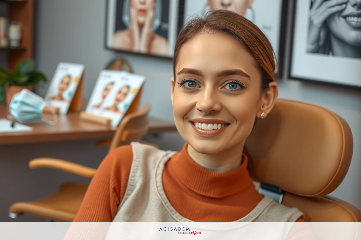 The image features a woman sitting in what appears to be a beauty or health clinic. She is smiling and appears to be comfortable, possibly receiving treatment.