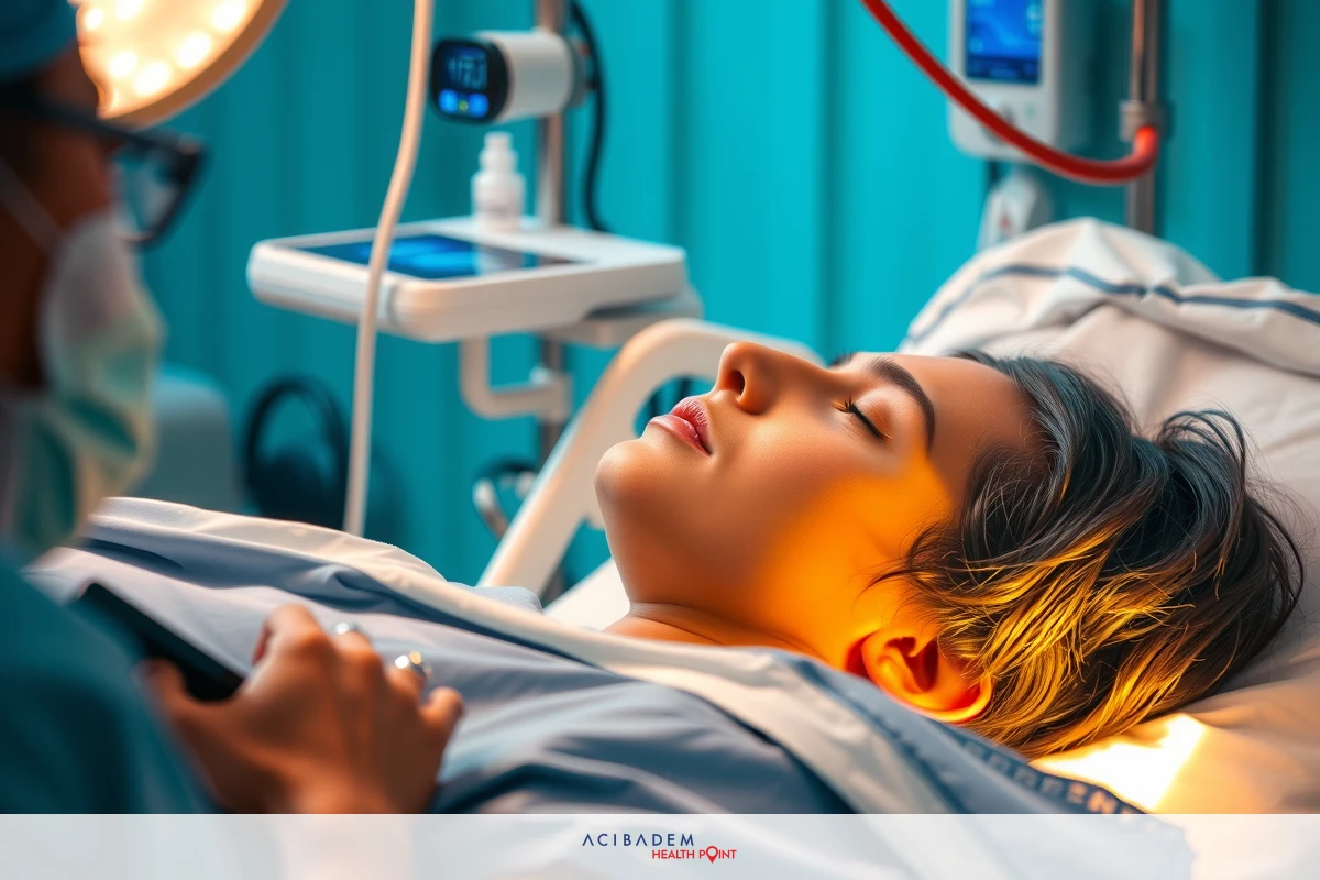 The image depicts a medical scenario with two individuals in a hospital setting. A person is lying on a bed, hooked up to medical equipment, suggesting they might be undergoing surgery or other medical procedures.