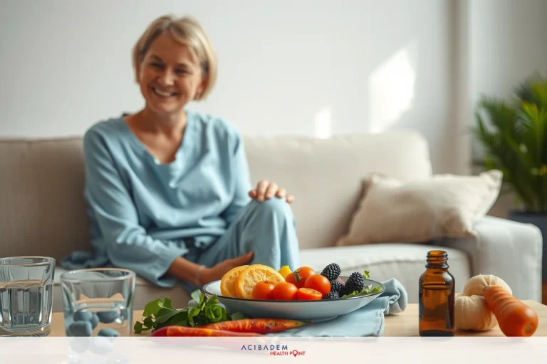 How to Heal Quickly from Rhinoplasty A woman in blue pajamas sits on a couch, smiling at the camera. Beside her is a table with various healthy foods and supplements including carrots, oranges, and bottles of vitamins.