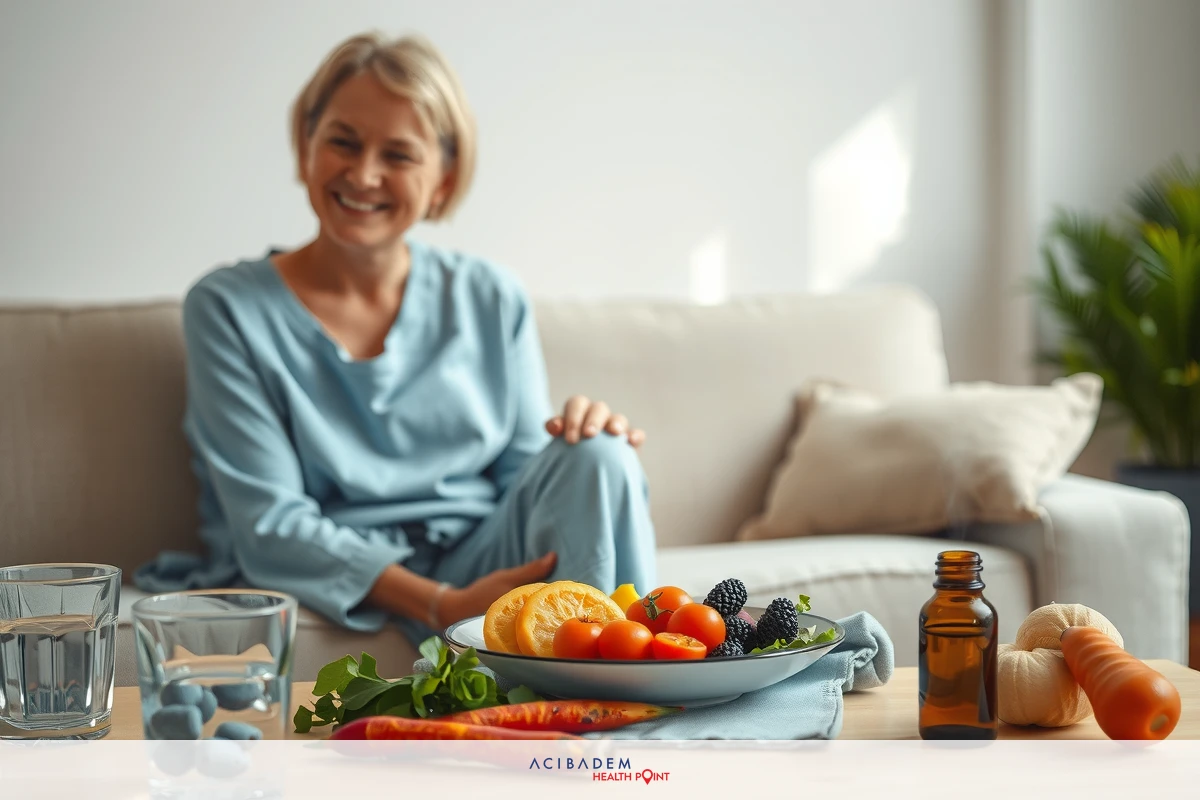 A woman in blue pajamas sits on a couch, smiling at the camera. Beside her is a table with various healthy foods and supplements including carrots, oranges, and bottles of vitamins.