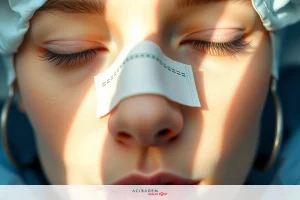 The image shows a young woman lying down with her eyes closed, seemingly asleep. She has a white tape over her nose, possibly for medical or health-related reasons.