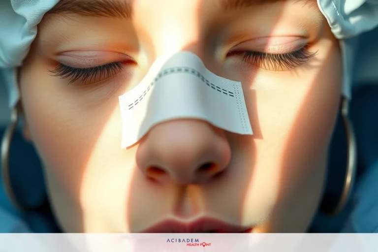 Can You Clean Up Dried Blood From Rhinoplasty The image shows a young woman lying down with her eyes closed, seemingly asleep. She has a white tape over her nose, possibly for medical or health-related reasons.