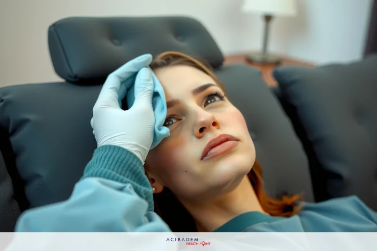 A close-up of a woman lying on her back, possibly for medical care. She is wearing an open green surgical gown over her clothes. Another person's hands are seen wearing blue gloves, which suggests the presence of a healthcare professional nearby.