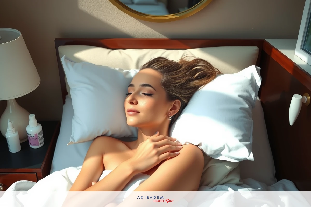 A woman is lying in bed with white sheets and a brown headboard, looking up at the ceiling. She appears to be relaxed and comfortable, possibly asleep or resting.