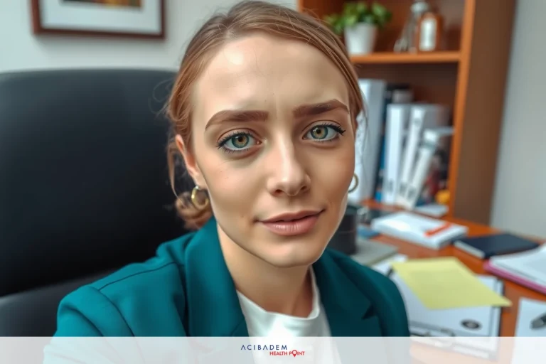 The image shows a woman seated in an office environment. She appears to be dressed in professional attire, including a green blazer and white shirt. Her expression is neutral.
